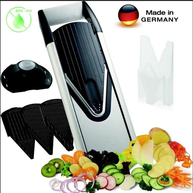 HENSSLERS Obst- & Gemüsehobel – 4 Messer-Einsätze, Aus Bambus & Edelstahl, Mit Glasbehälter