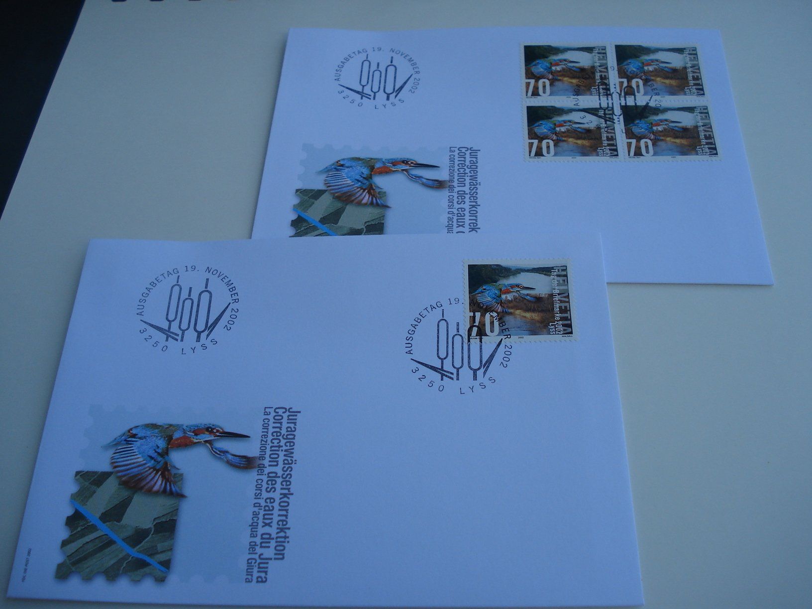 Tous les timbres: Sondermarke 2002, Eisvogel, FDC Einzel + 4erblock, 2 Bel – D'occasion à Niederwil AG par morostahu 1