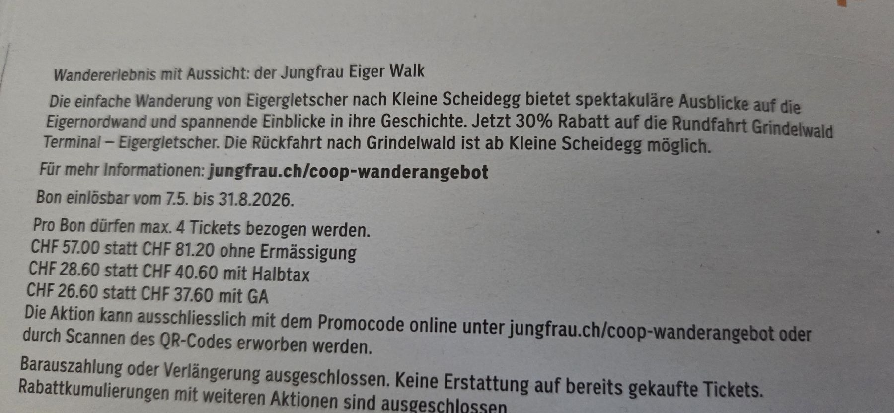 Buoni: Gutschein: 30% Rabatt Rundfahrt Eigergletscher – Nuovo (secondo la descrizione) da Uttigen venduto da TomTom_ 1