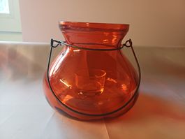 neu: Glaslaterne orange mit Henkel und Teelicht Einsatz