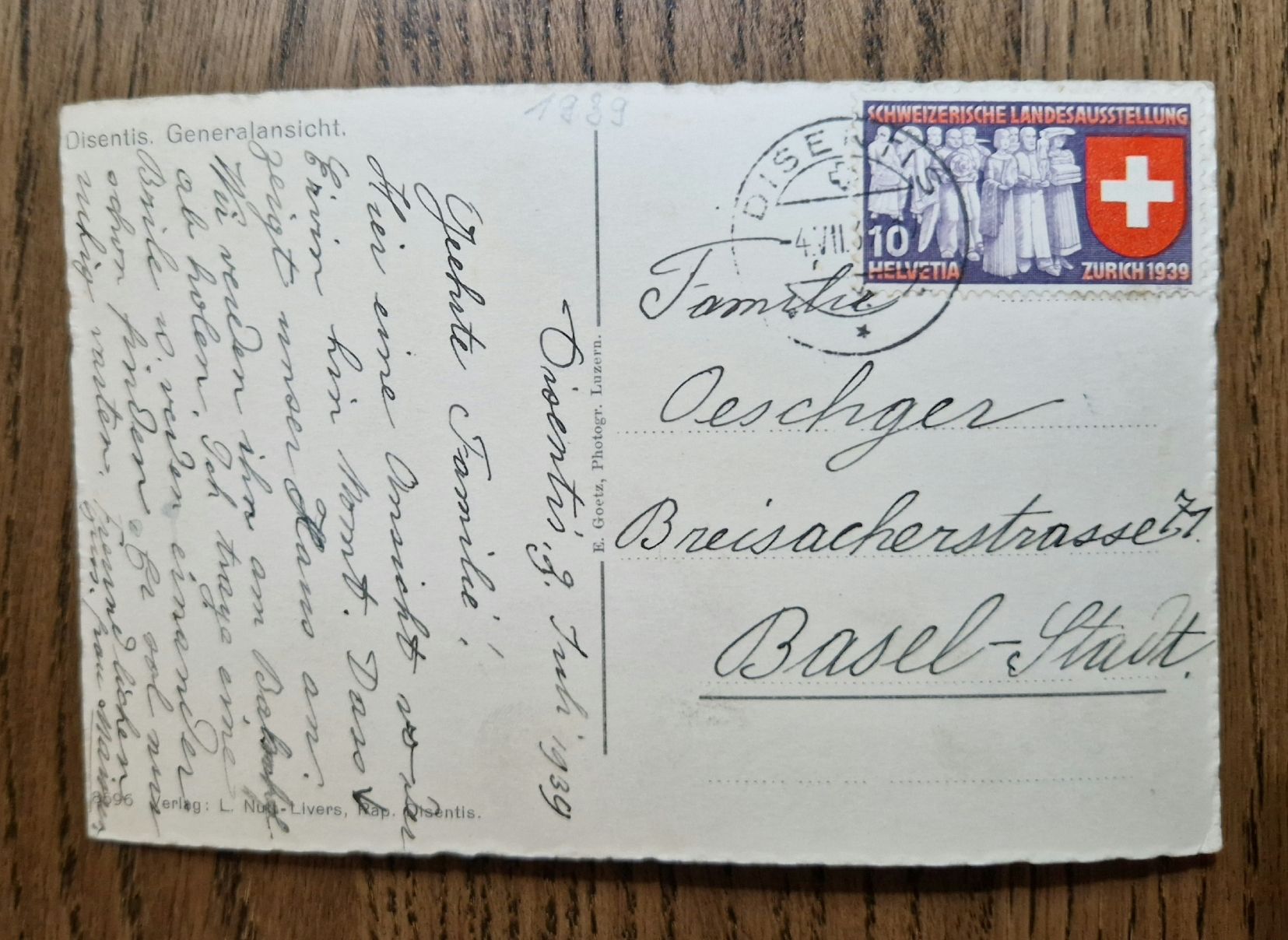 Cartoline postali: Disentis 1939 – Usato da Ebikon venduto da Donar50 1