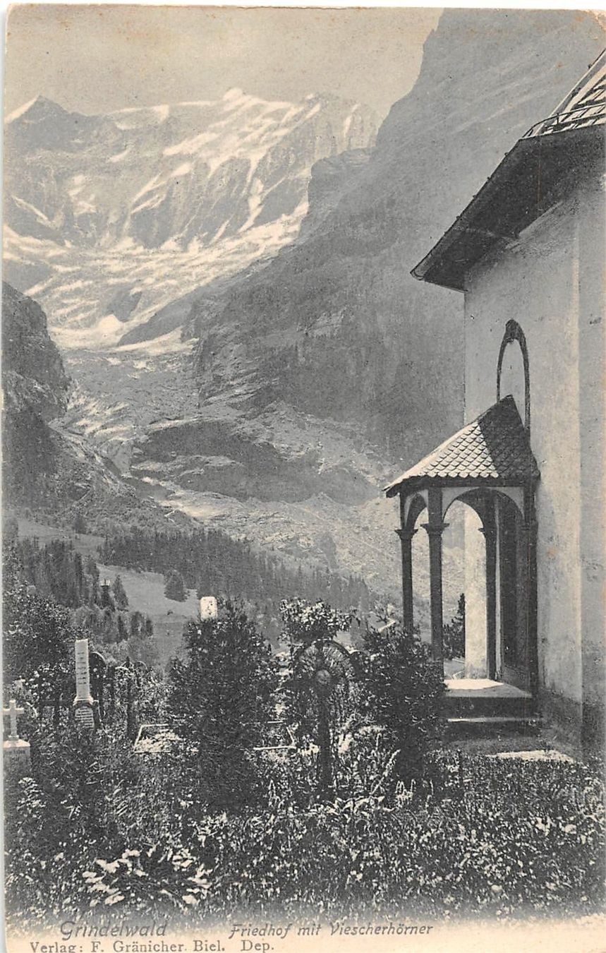 Cartoline postali: Grindelwald, Friedhof mit Viescherhörner – Usato da Ottikon b.Kemptth. venduto da Neptun1974