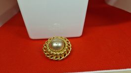 Vintage Brosche Gold Look mit Perle, Durchmesser 3.5 cm