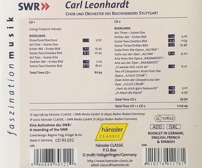 CD: Händel - Rodelinde (Carl Leonhardt) – Usato da Grüningen venduto da azulblanco 1