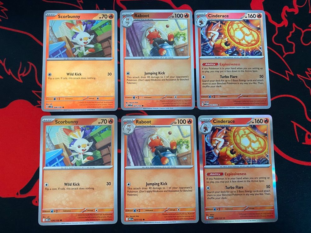 Mega Evolutions - Scorbunny, Raboot, Cinderace card set (Neu (gemäss ...
