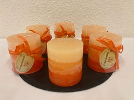 Kerzen 6,8 x 7,2 cm, 6 Stück, Orange abgestuft, Raureif