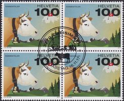 2017, Nr.1658 (Kuh) Viererblock mit Ersttags-Stempel.