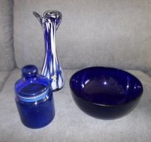Glas Set Vase Schale Dose blau gebraucht guter Zustand