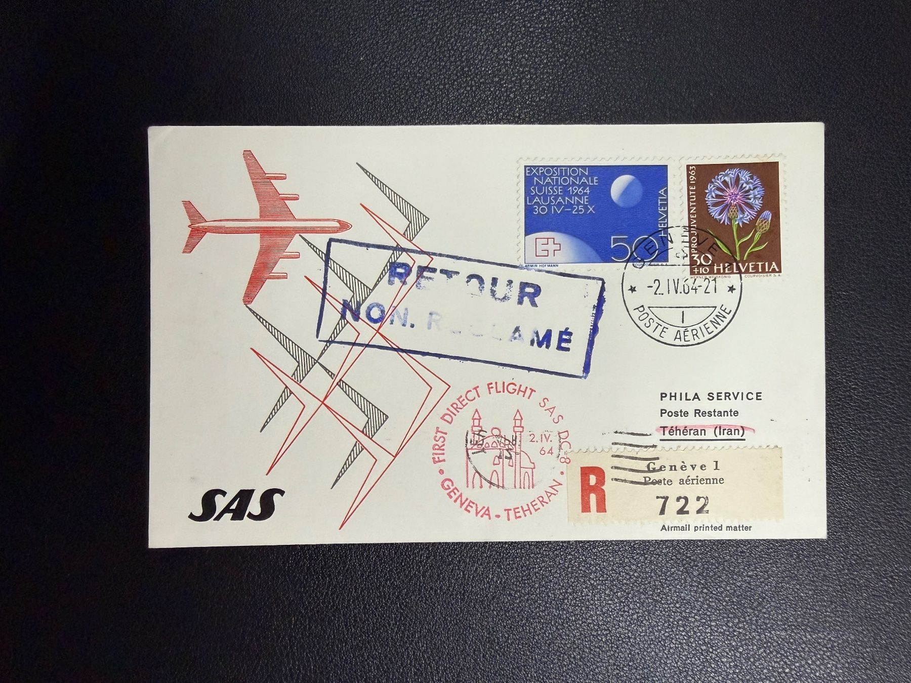 Alle Briefmarken: SAS Erstflugbrief Genf - Teheran 1964 – Gebraucht aus oberrüti von jeanmei