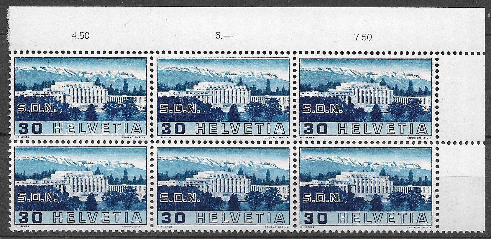 Tutti i francobolli: 1938: SdN--BIT Nr.211-214 Sechser Block ** – Usato da Walperswil venduto da Tcheidi 1