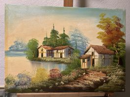 Ölgemälde auf Leinwand – idyllische Seelandschaft mit Häuser