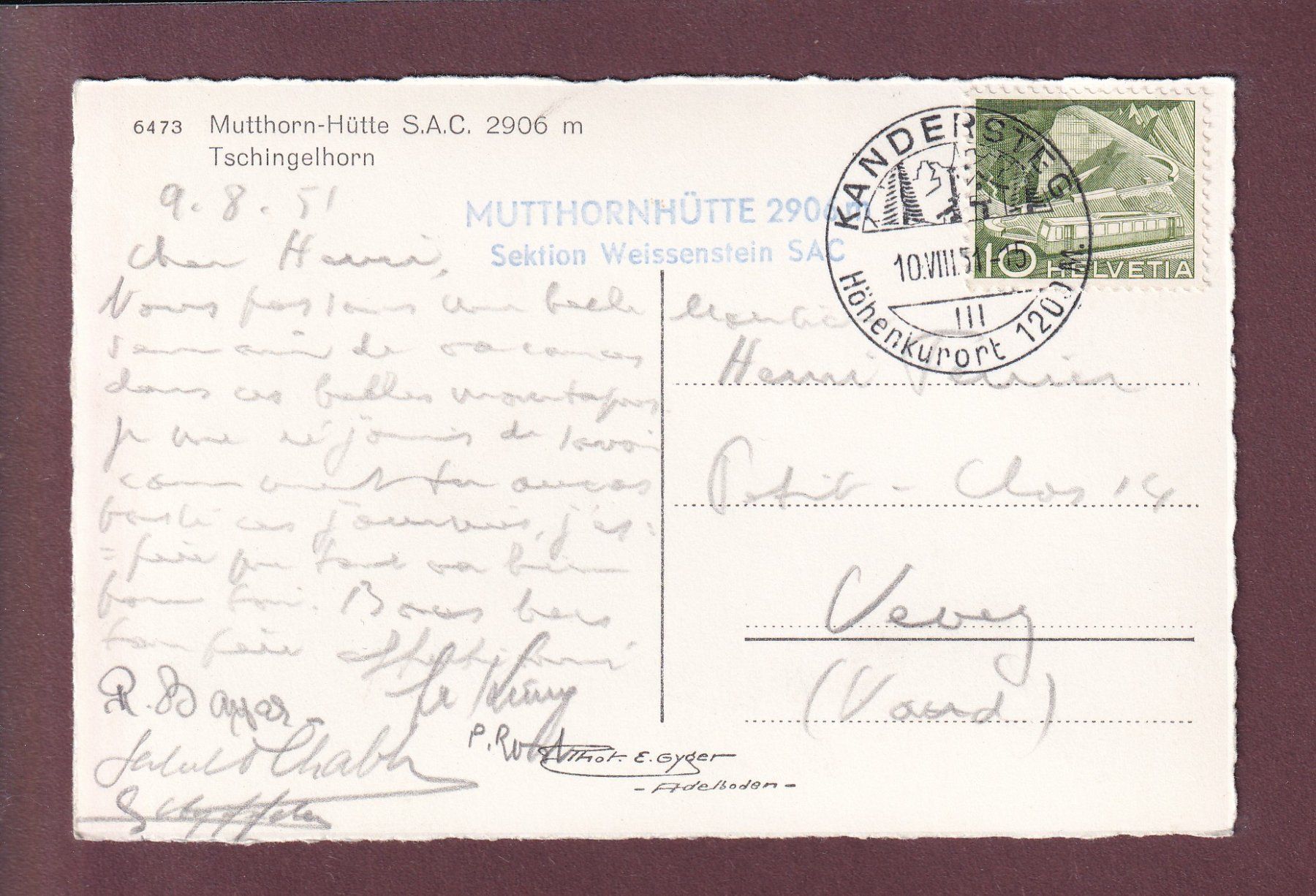 Cartoline postali: MUTTHORN-HÜTTE - Tschingelhorn - 1951 – Usato da Pully venduto da nicecards 1