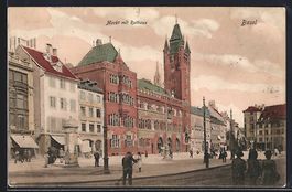 Basel, Markt mit Geschäft, Rathaus und 