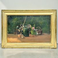 Peinture à l'huile sur panneau nature morte Scène de jardin