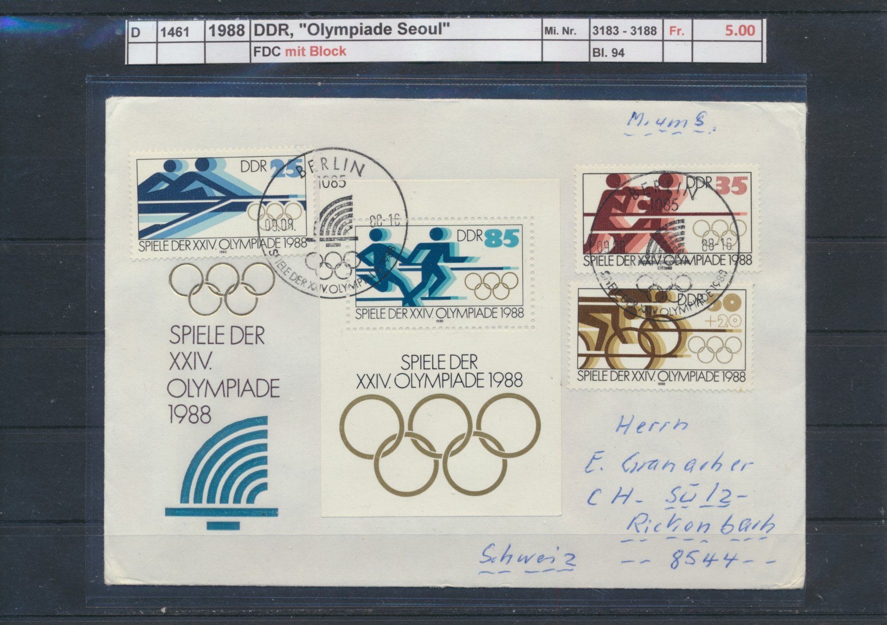 Tutti i francobolli: 1988 DDR, "Olympiade Seoul", mit Block, FDC – Usato da Winterthur venduto da Zupogeru