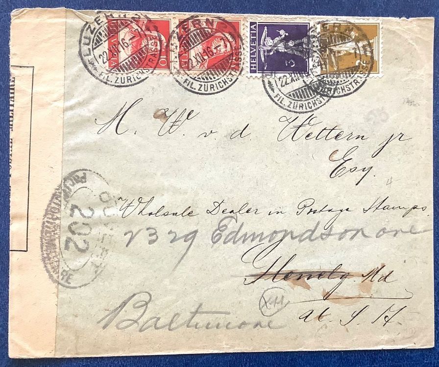 Tutti i francobolli: 1916 Zensur Brief Luzern - Baltimore – Usato da Liestal venduto da Pep3