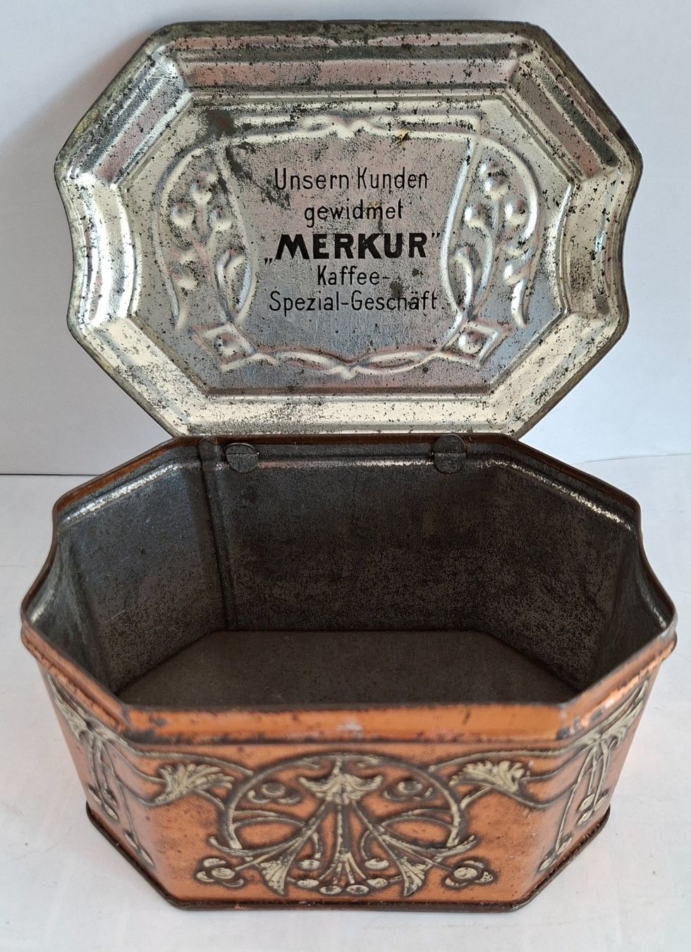 Barattoli: Antike Blechdose Merkur Kaffee Jugendstil – Usato da Opfikon venduto da Diversamente 2