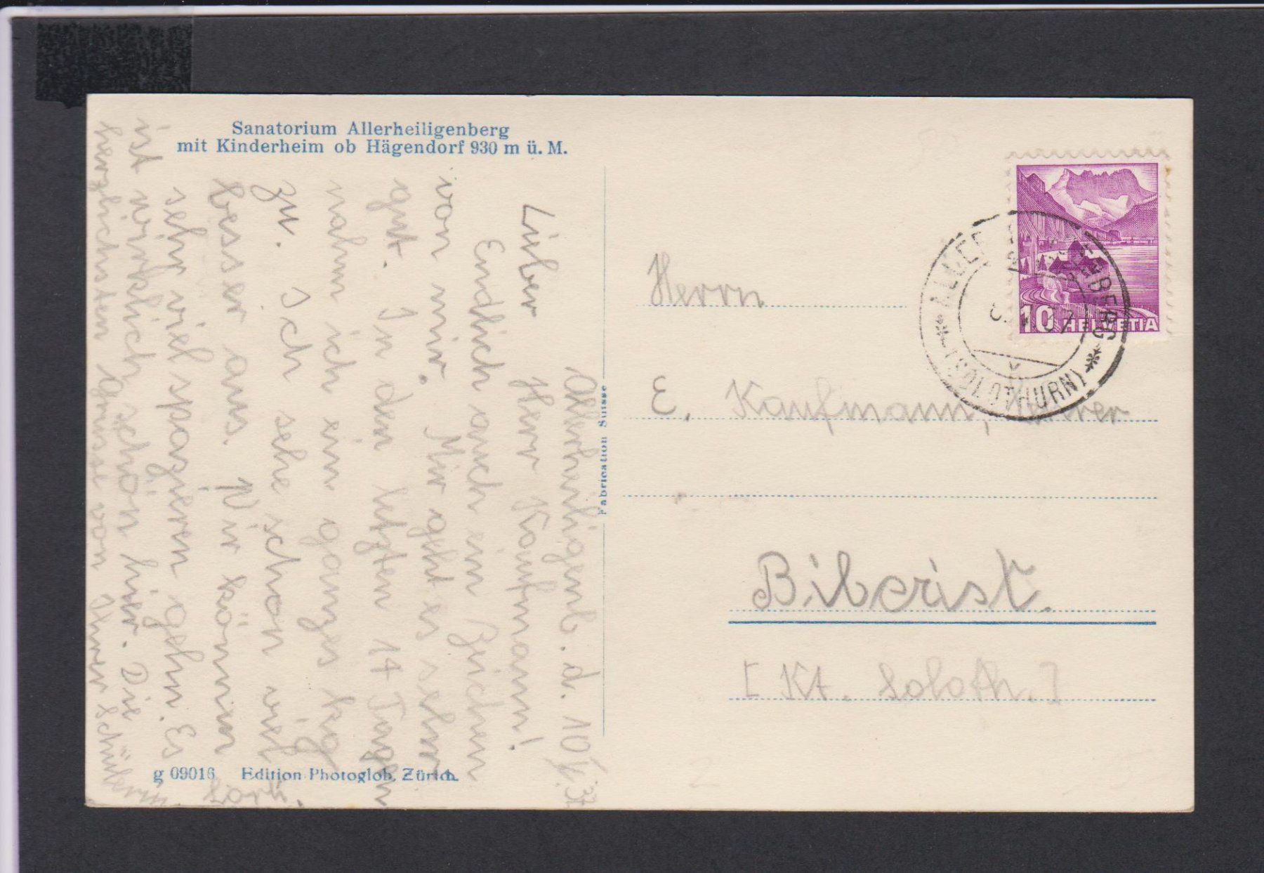 Ansichtskarten: Hägendorf  SO   -  alte Ansichtskarte Allerheiligenberg 1937 – Gebraucht aus Vitznau von Ropaku 1