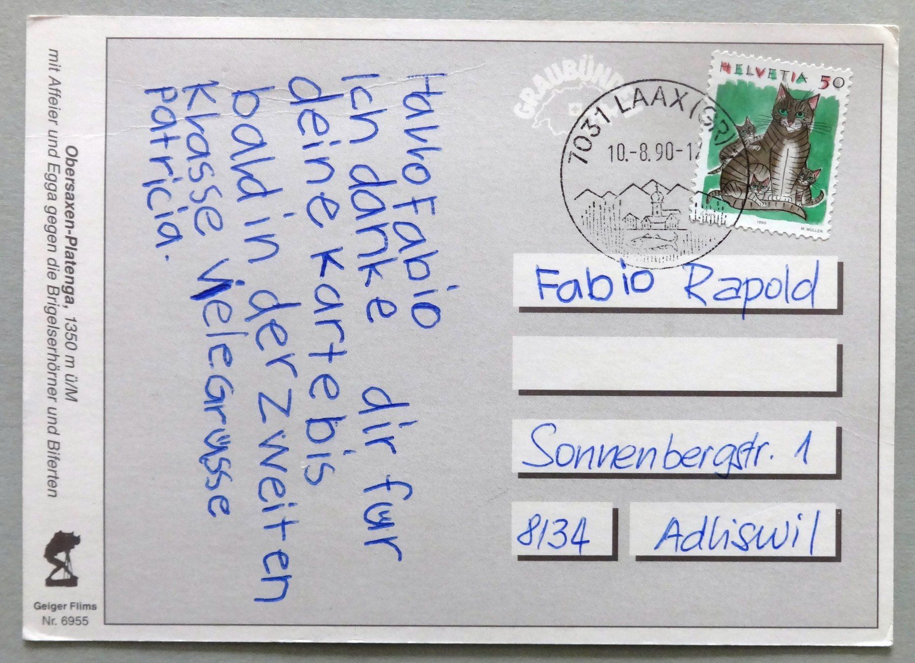 Ansichtskarten: Obersaxen-Platenga, 1350 m ü.M. – Gebraucht aus Fétigny von Billy2miny 1