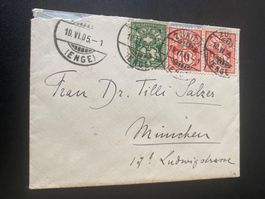 1905 Ziffermuster 5 + 10  Zürich-Enge - München  Vollstempel