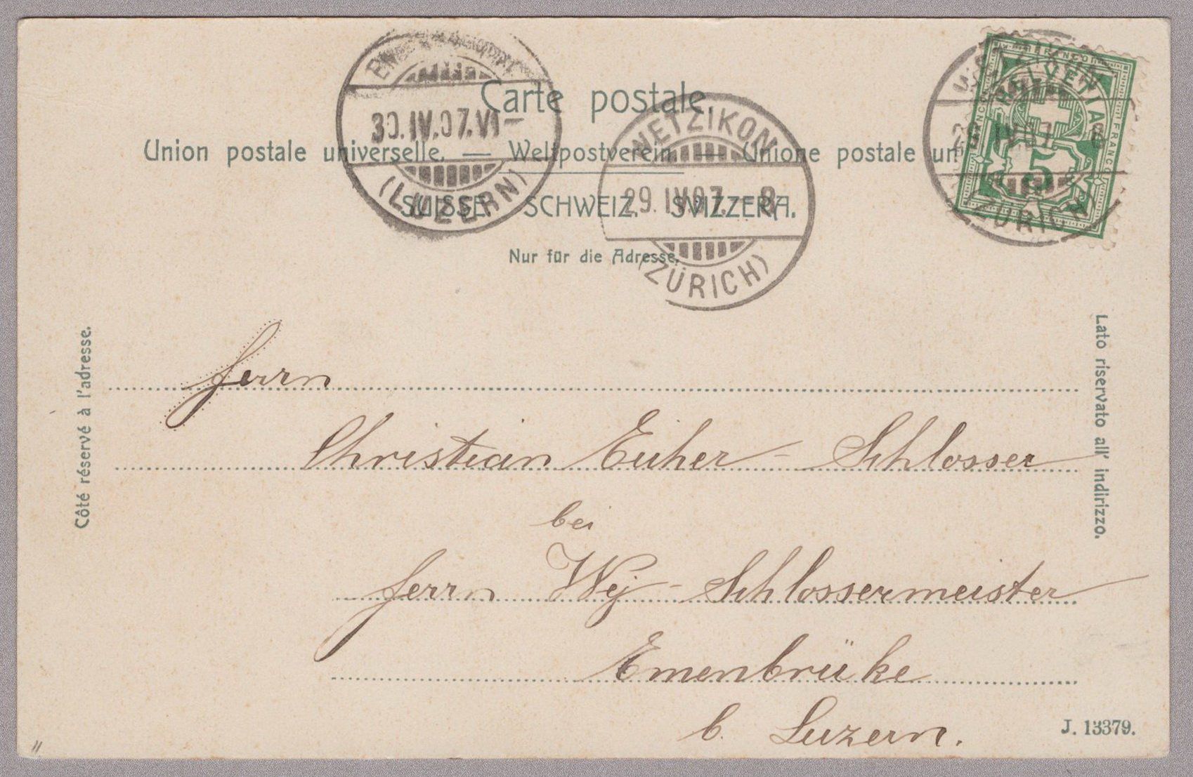 Cartoline postali: Litho Wetzikon Bahnhofplatz 1907 – Usato da Vilters venduto da Jere3943 1