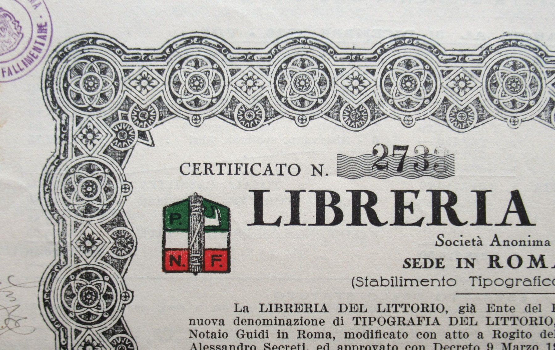 Documenti: original LIBRERIA DEL LITTORIO 1930 Roma – Usato da Lohn-Ammannsegg venduto da rrrikko