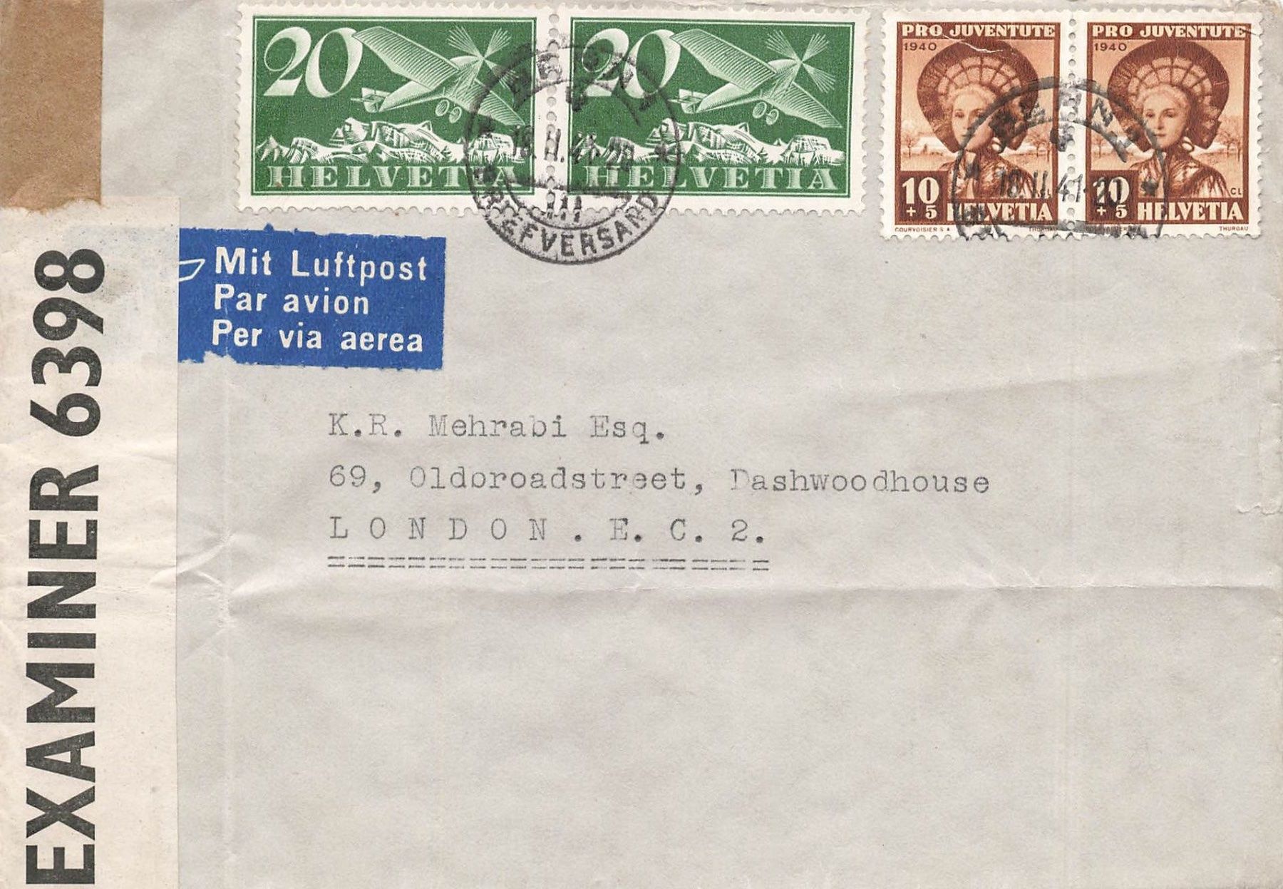 Alle Briefmarken: Schweiz Luftpost nach London 1940 – Gebraucht aus Biasca von Blenio71