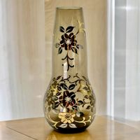 Vase vintage en verre fumé avec décor floral doré et argenté