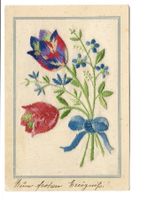 Seidenkarte - gestickt - Blumenstrauss - Rosen - zur Geburt