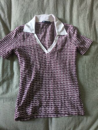 Zara Polo-Shirt Gr S Damen Sommer Bordeaux Weiss Strick
