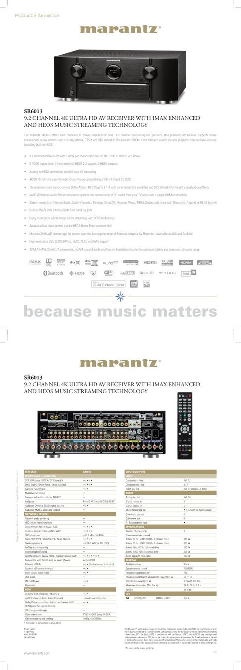 Marantz Ricevitori: Marantz SR6013 Dolby Atmos / DTS / IMAX Enhanced AV-Receiver – Usato da Wädenswil venduto da rok_6r26 2