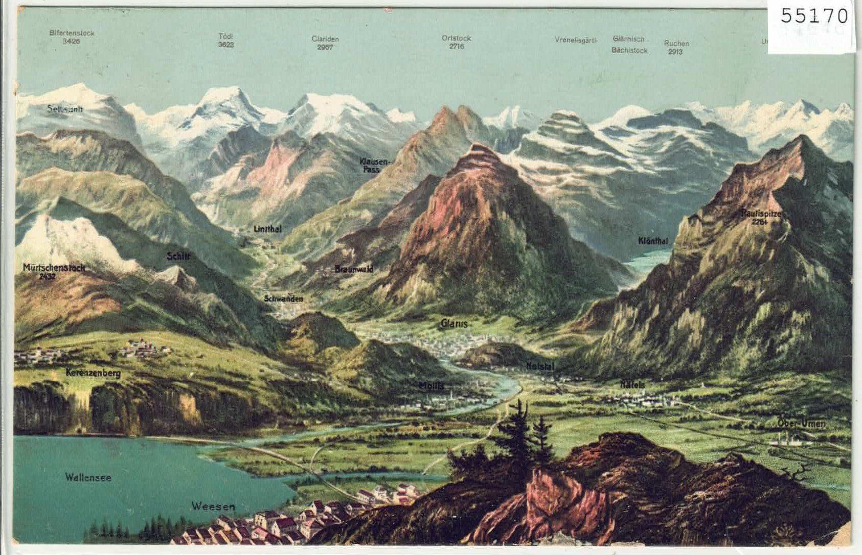 Cartoline postali: Wallensee - Weesen - Glarnerland - Panorama - Litho – Usato da Ettingen venduto da Kartenplanet