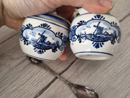 Vintage Delft Blau Handgemalte Töpfe /mit Löffel