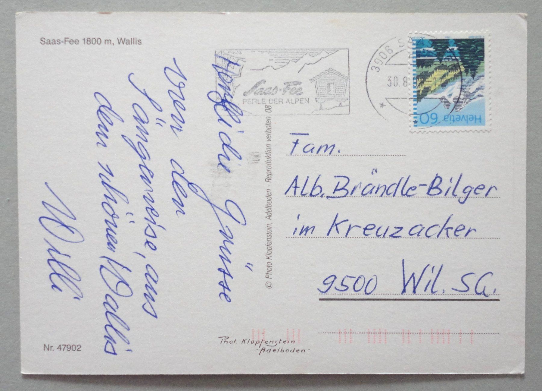 Cartoline postali: Saas-Fee 1800 m – Usato da Fétigny venduto da Billy2miny 1