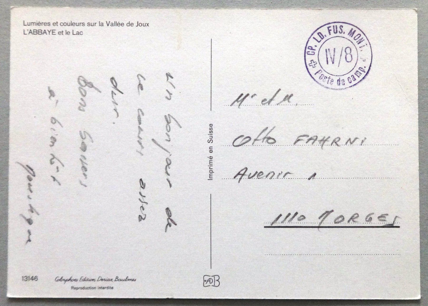 Cartoline postali: L' Abbaye et le lac de Joux – Usato da Fétigny venduto da Billy2miny 1