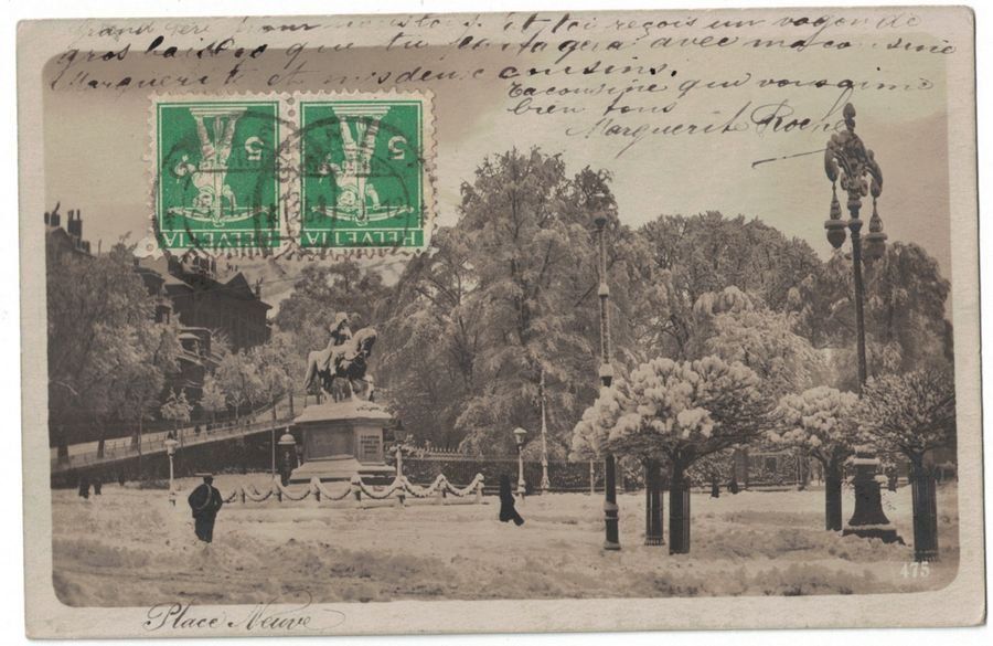 Ansichtskarten: Genève, Place Neuve enneigée, animée, circulée 1910 – Gebraucht aus Frauenfeld von POML