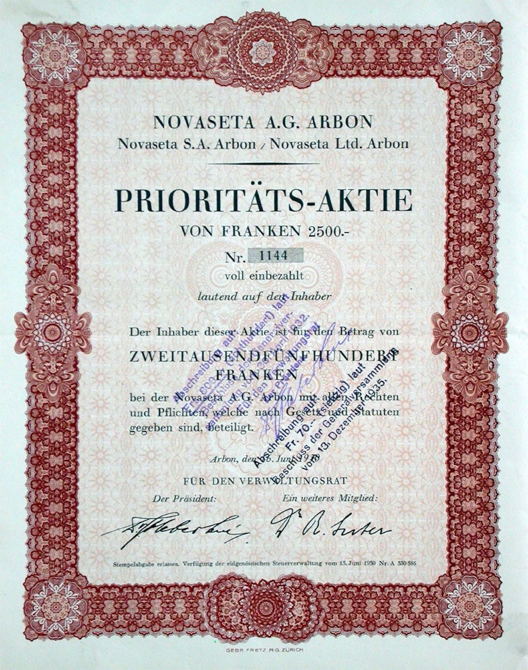 Documenti: Novaseta AG, Arbon - 1930 – Usato da Solothurn venduto da Sgasche