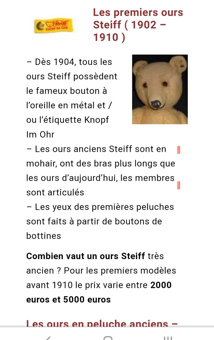 GRAND NOUNOURS OURS Mohair Ancien Antique Teddy Bear 1910 Collection Steiff EUR 450,00 - FR