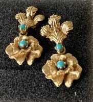 Ohrhänger Gold 585 mit Türkis Blumen Design 2 cm lang