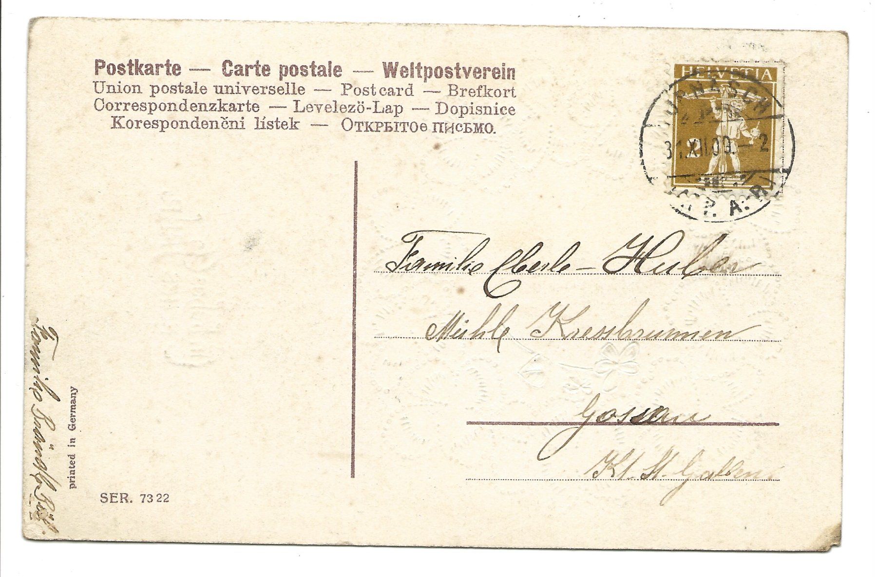 Ansichtskarten: Neujahr - Schwalbe - Kleeblatt - Jugendstil - Litho - 1909 – Gebraucht aus Engelburg von Cartophil 1
