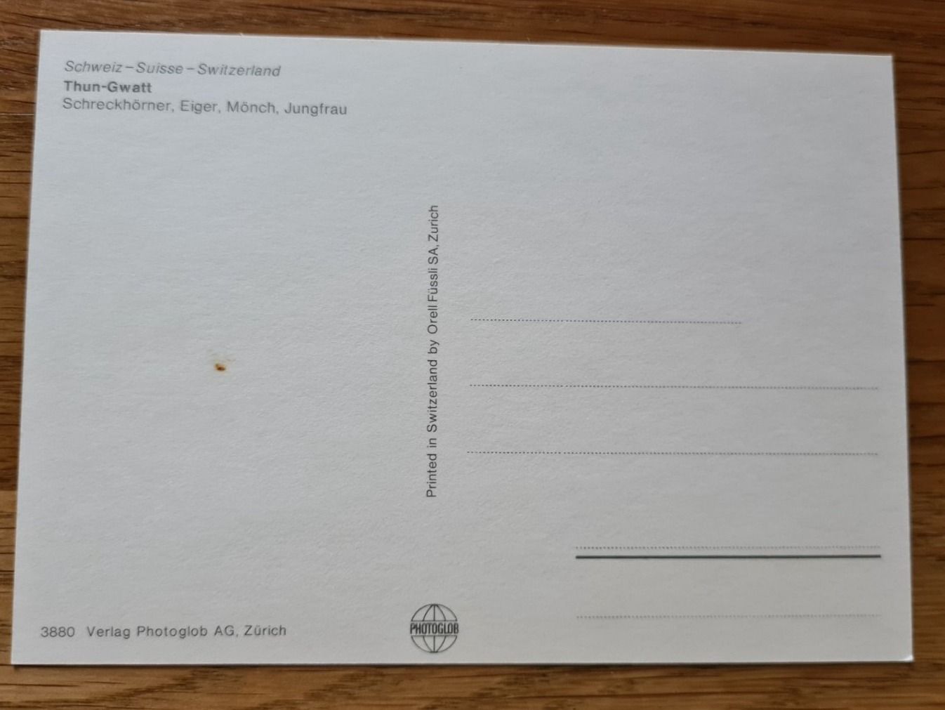 Cartoline postali: Thun-Gwatt, Schreckhörner, Eiger, Mönch, Jungfrau, Ansicht – Usato da Winkel venduto da Heuresis 1