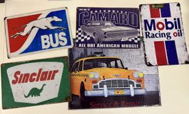 Blechschilder-Set Vintage: BUS, Camaro, Sinclair, Mobil 4 St