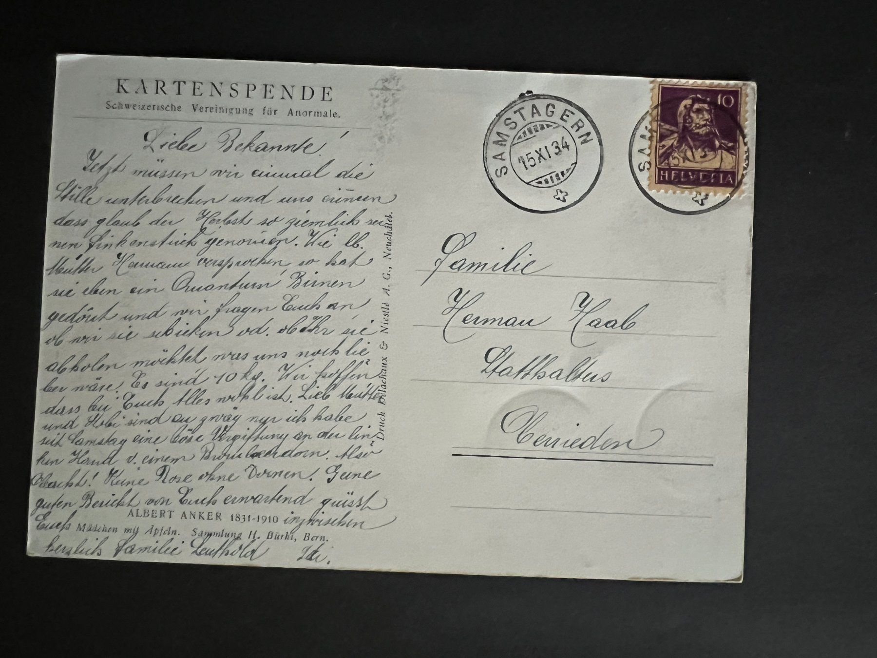 Cartoline postali: Ansichtskarte Kartenspende A. Anker  1934  (V787) – Usato da Hinwil venduto da Sidi4 1