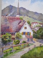 DORFANSICHT AQUARELL HINTER PASSEPARTOUT SIGNIERT