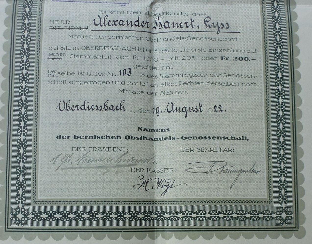 Documents: Bernische Obsthandels-Gesellschaft. – D'occasion à Walkringen par Casablanca777 2