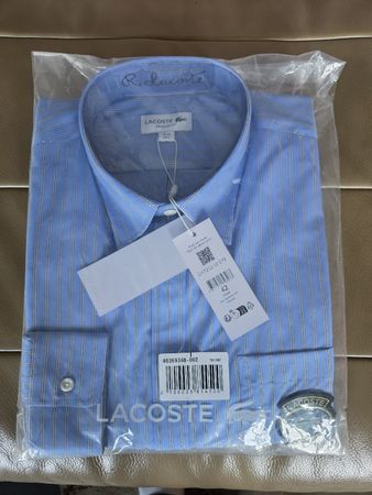 Camicia Lacoste azzurra righe, nuova con etichetta, tg.42/L