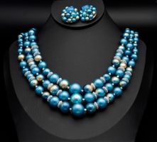 Vintage Schmuckset; Petrolblaues Collier & Ohrclips