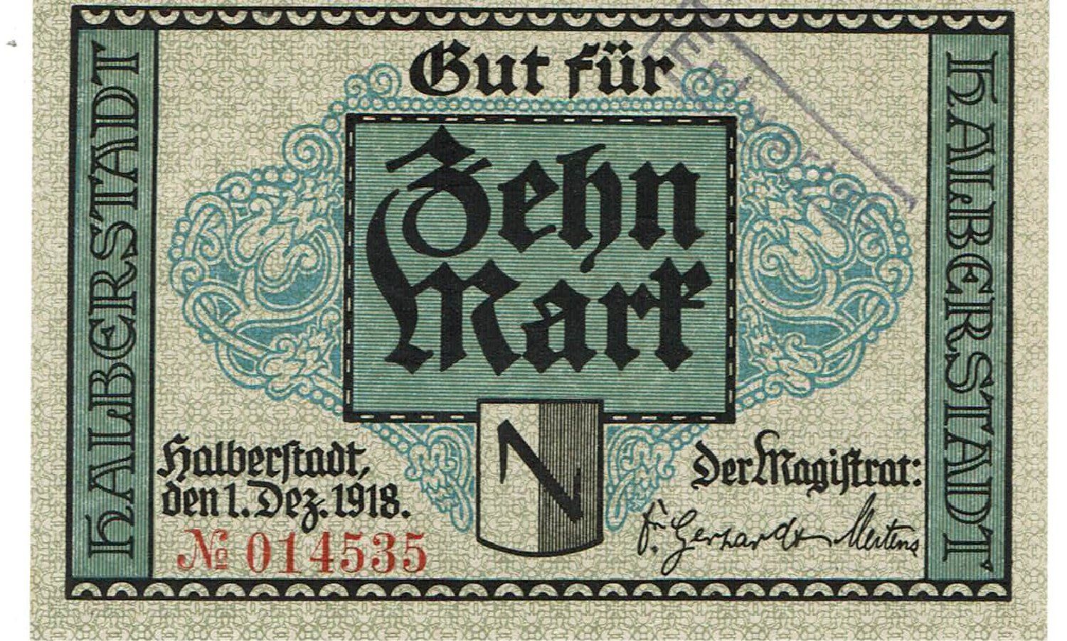 Banconote: Halberstadt 10 Mark 01.12.1918 VZ++-UNZ – Usato da Steffisburg venduto da ber_8htf