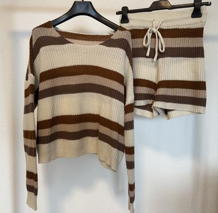 Braunes Strick-Set gestreift, Grösse S/M