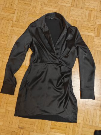 Kleid schwarz Satinoptik Langarm Wickeloptik Damen